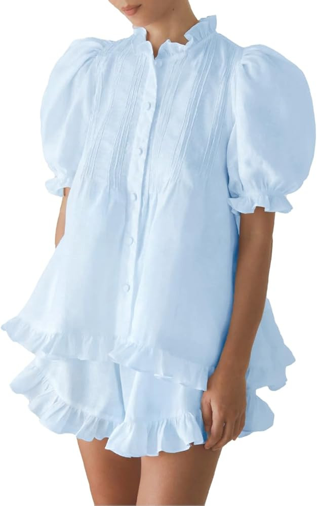 Women Ruffle 2 Piece Sets Fashion Puff Sleeve Button Down Shirts and Shorts Cotton Pajamas Sets | Amazon (US)