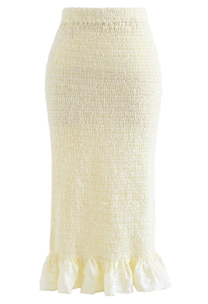 Frill Hem Full Shirring Pencil Skirt in Cream | Chicwish