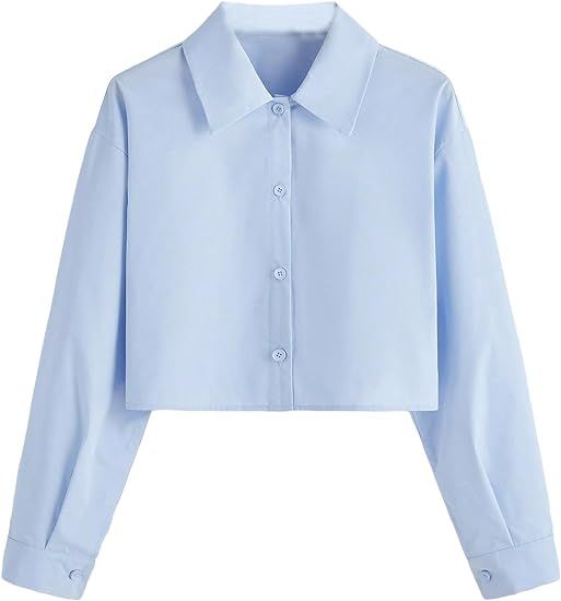 Verdusa Women's Button Down Long Sleeve Collar Shirt Blouse Crop Top | Amazon (US)
