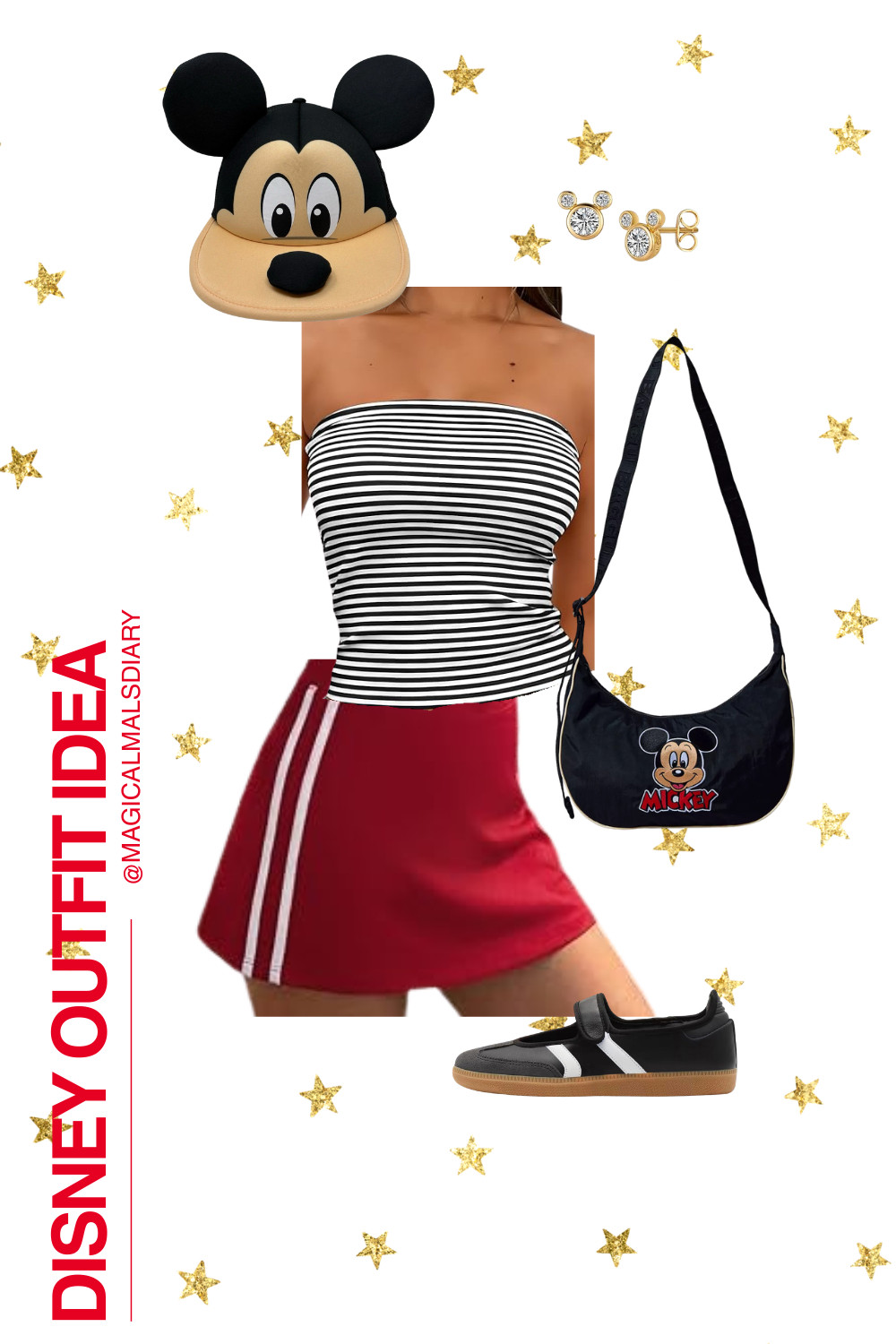 Bringing a little sporty-cute energy to the parks today! 🖤❤️ This striped tube top and red skort combo is such an easy way to look put-together while staying comfy for all that walking. The Mickey cap and little Mickey studs are the sweetest finishing touches, and the retro sneakers pull it all together. So fun for a girls trip! 

 