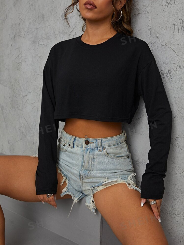 INAWLY Solid Drop Shoulder Crop Tee | SHEIN