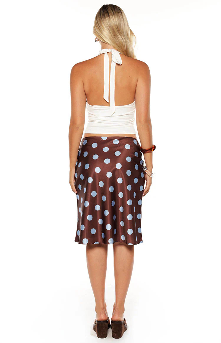 Charlize Brown and Blue Polka Dot Midi Skirt | Beginning Boutique (US)
