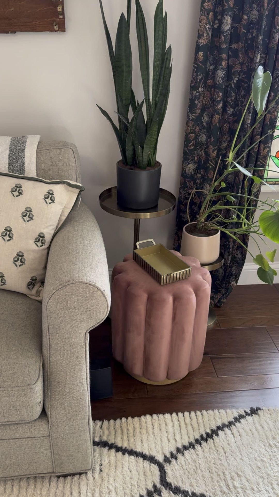 Loving this embroidered floral block print pillow, fluted brass tray & scalloped ottoman I have in 2 colors! 

#LTKWatchNow #LTKHome #LTKFindsUnder50