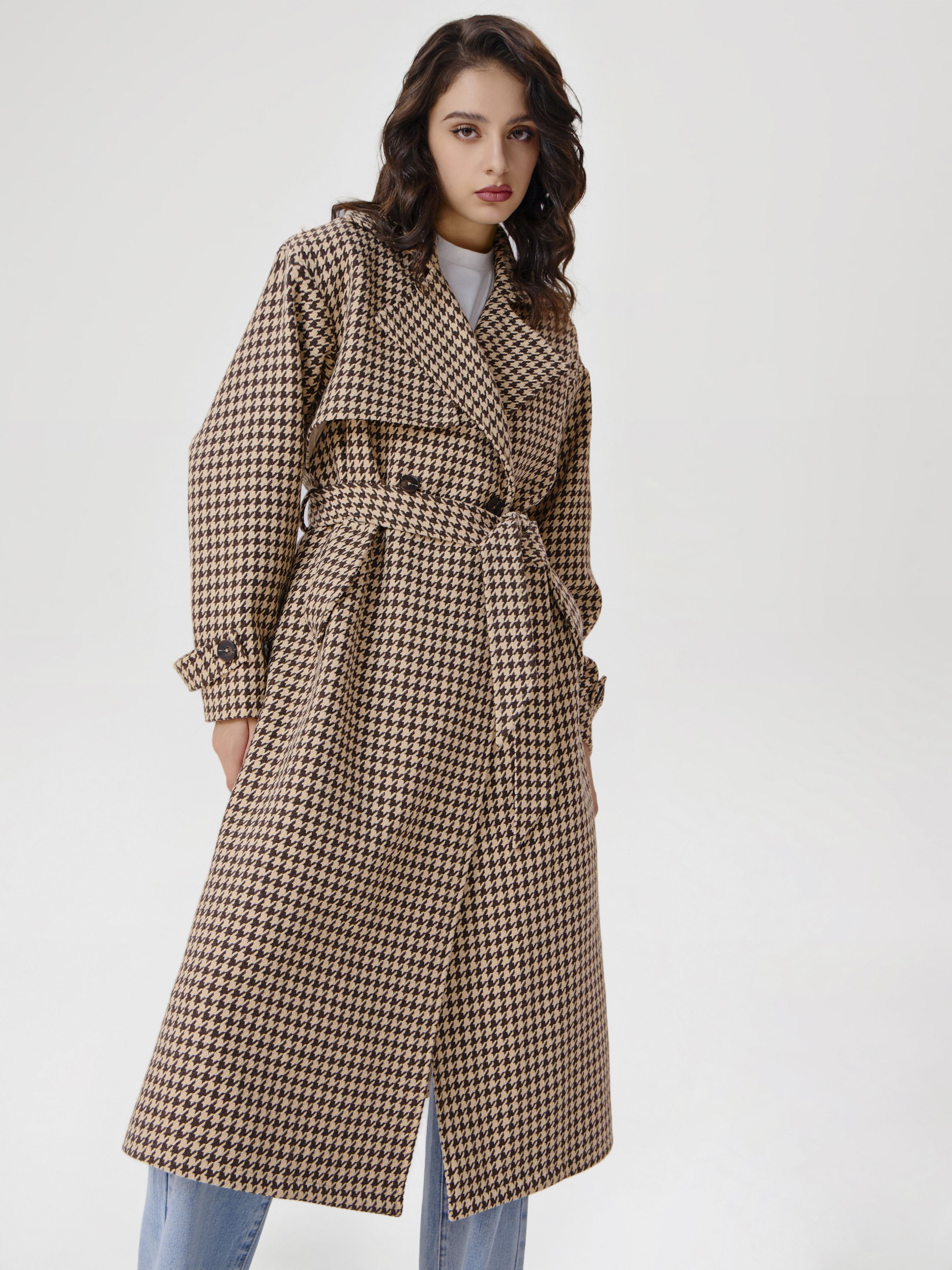womens coat Preppy Tweed Double Breasted Tweed Houndstooth Coat With Belt | Cider