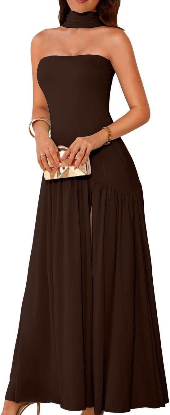 ChiaoLezhee Women's Maxi Tube Dress with Scarf, Drop Waist High Slit Formal Prom, Wedding Guest Cocktail Party Gown | Amazon (US)