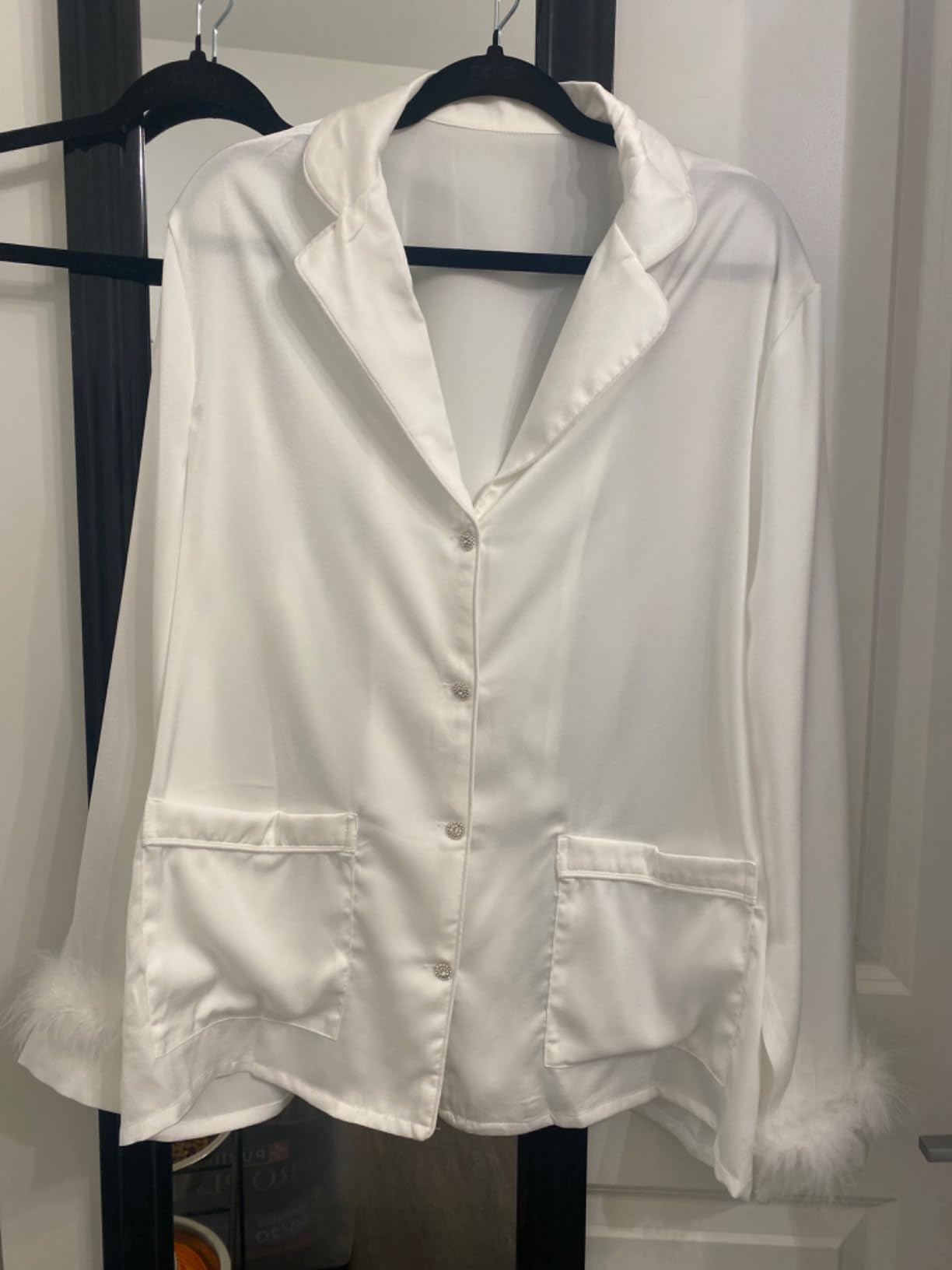 Women's Silk Satin Pajama Set Feather Trim Bridal Long Sleeve Pocketed Lounge Sets Sleepwear (Rem... | Amazon (US)