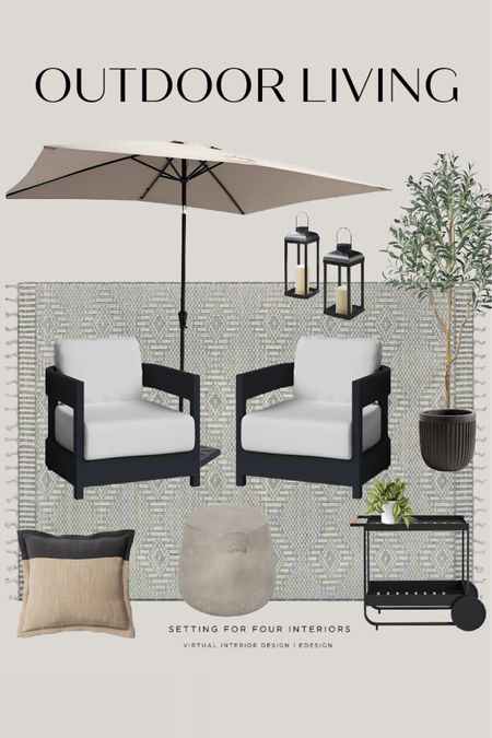 Outdoor living. Amazon outdoor, All Modern, Wayfair, chat set, black and white, outdoor rug, outdoor pillow, outdoor table, outdoor bar cart, lanterns, olive tree, planter plant pot, earth day, found it in Amazon, target, Amazon home finds, patio, entertaining, summer decor

#LTKsalealert #LTKunder50 #LTKhome