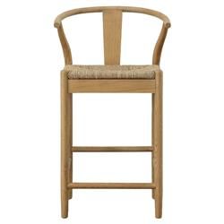 Zhuri Coastal Beach Light Brown Oak Wood Frame Woven Seat Wishbone Counter Stool | Kathy Kuo Home