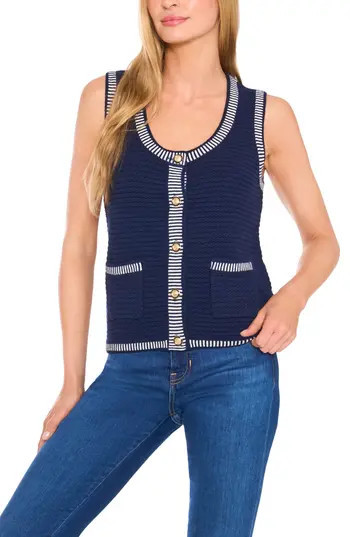 CeCe Contrast Detail Cotton Blend Sweater Vest in Classic Navy at Nordstrom Rack, Size X-Small | Nordstrom Rack