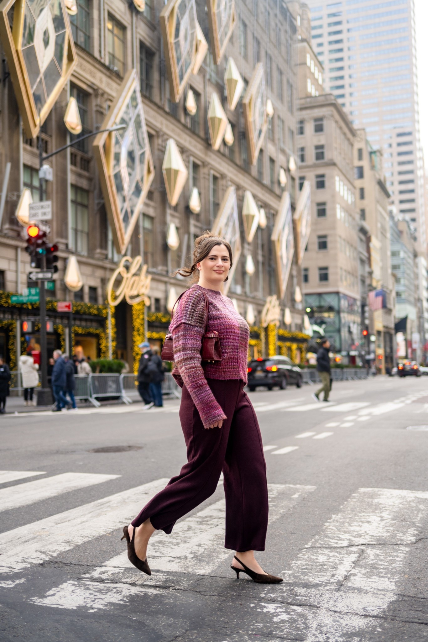 A winter outfit I keep reaching for: purple sweater, comfy knit pants, kitten heels, and my favorite red bag. Proof that city style can be cozy and chic.

#LTKHoliday #LTKSeasonal #LTKootd