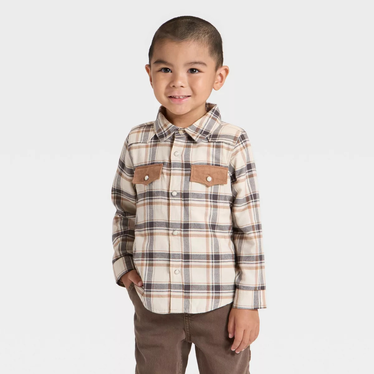 OshKosh B'gosh Toddler Boys' Long Sleeve Western Plaid Shirt - Cream/Tan | Target