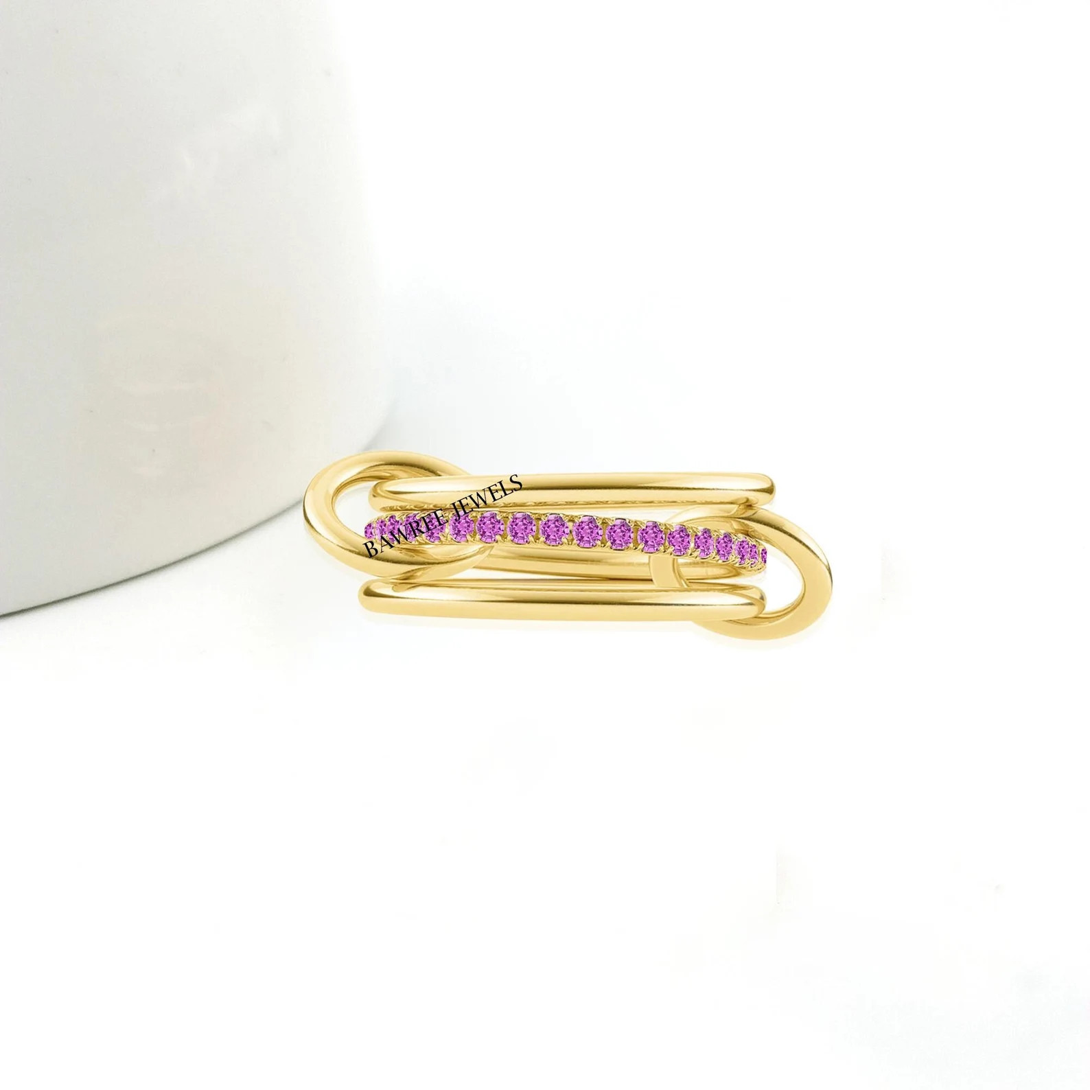 14K Solid Gold Plated Multi Link Connected Rings, Chunky Gold Connector Ring, Pink Zirconia, Eter... | Etsy (US)