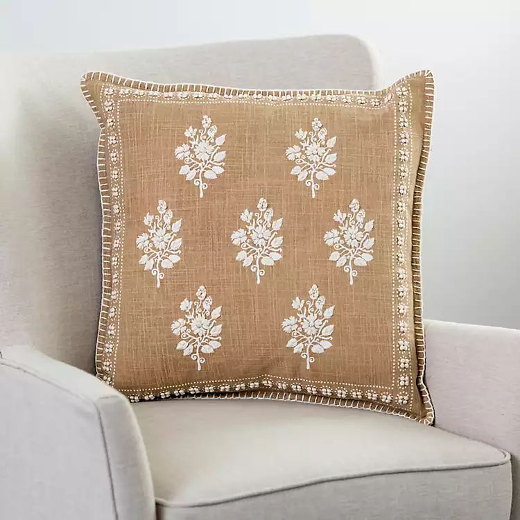 New! Taupe Embroidered Flowers Throw Pillow | Kirkland's Home