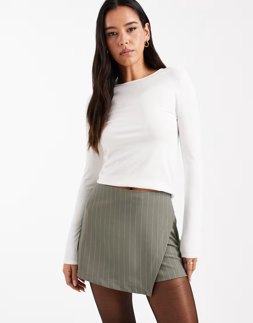 ASOS DESIGN asymmetric skort in khaki-green stripes-Multi | ASOS (Global)