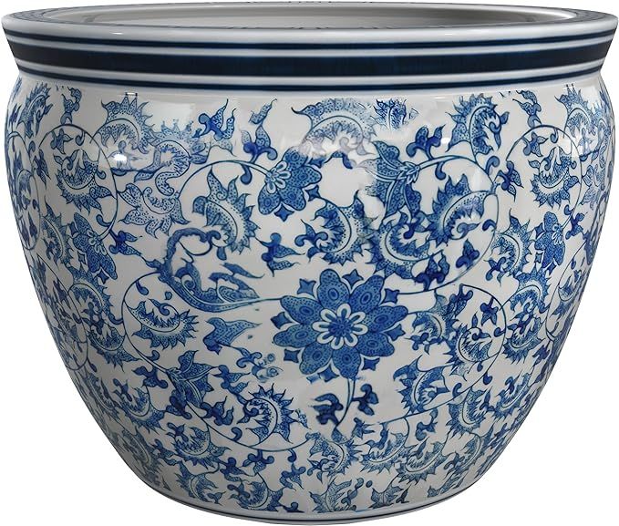 Oriental Furniture 12" Floral Blue & White Porcelain Fishbowl | Amazon (US)