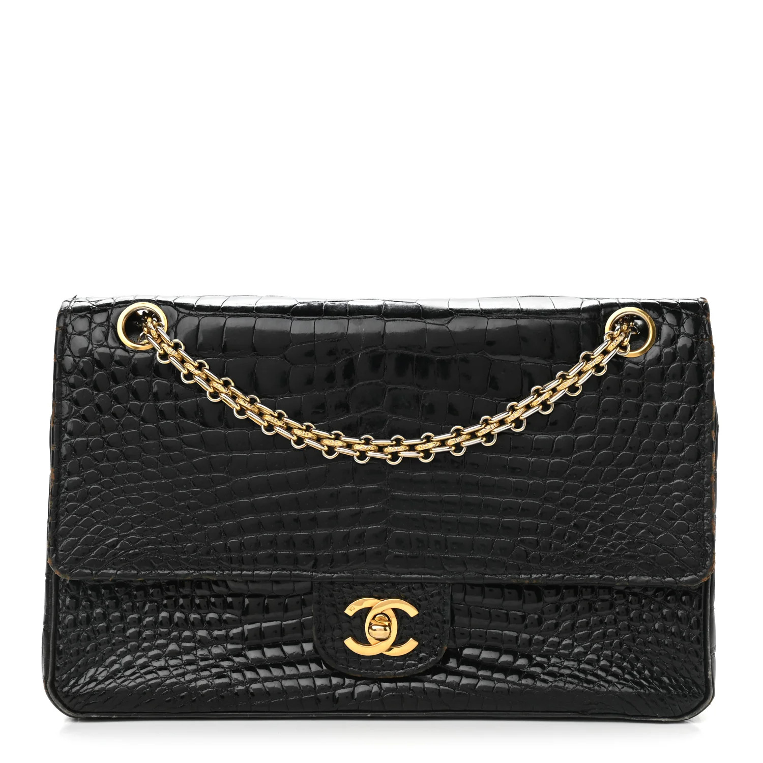 CHANEL Shiny Crocodile Medium Double Flap Black | FASHIONPHILE | Fashionphile