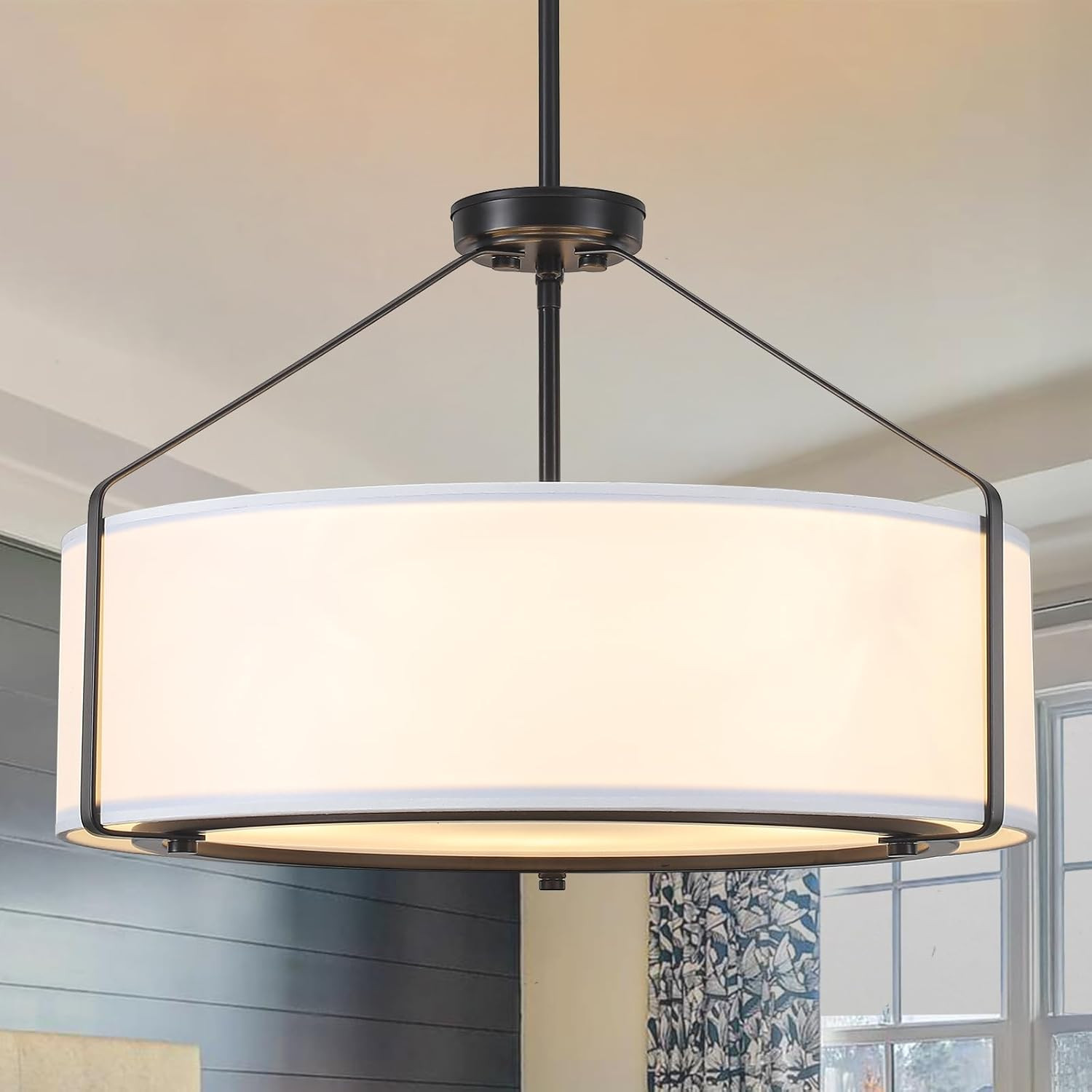 20Inches Drum Chandeliers, 5-Light Modern Farmhouse Pendant Light Fixture with White Linen Fabric Shade, Black Round Adjustable Hanging Lights for Dining Room Bedroom Kitchen Foyer Entryway | Amazon (US)