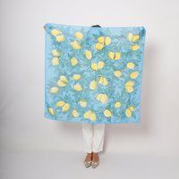 Lemon Hand Painted Square Scarf Blue Yellow Silk Cotton Head Print Large 40x40 | Etsy (US)