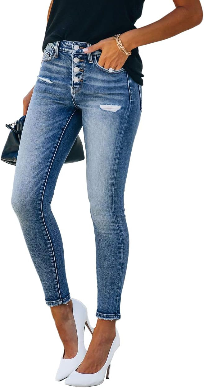 Allimy Women's High Rise Skinny Stretch Ripped Jeans High Waisted Destroyed Denim Pants | Amazon (US)