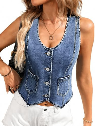 ELLEVEN Denim Vest for Women Jean Top Vest Western Concert Country Style High Stretch Cowgirl Y2k Halter Sleeveless V-Neck Trendy Outfit Jean Jacket Women Dark Blue Denim Small | Amazon (US)