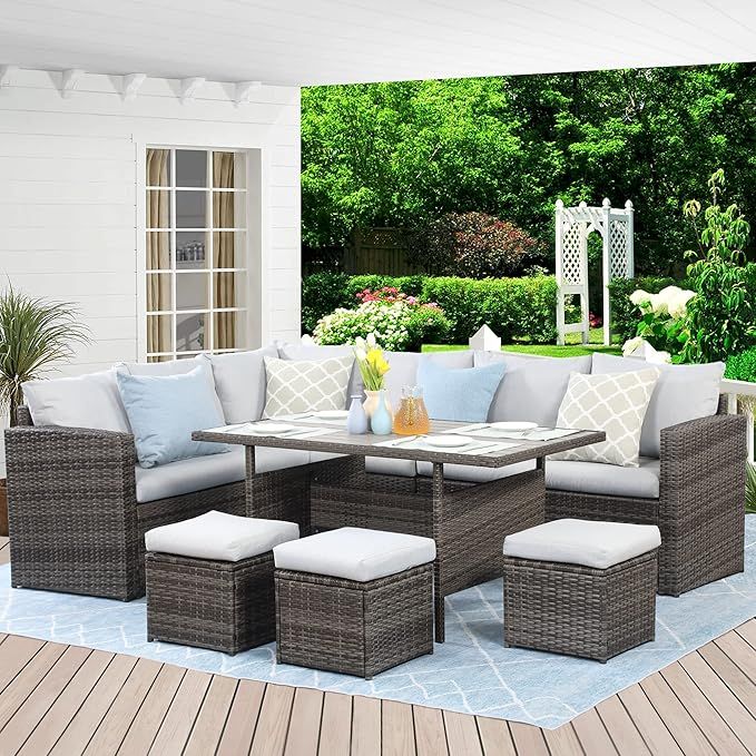 Wisteria Lane Outdoor Patio Furniture Set, 7 Piece Outdoor Dining Sectional Sofa with Dining Tabl... | Amazon (US)