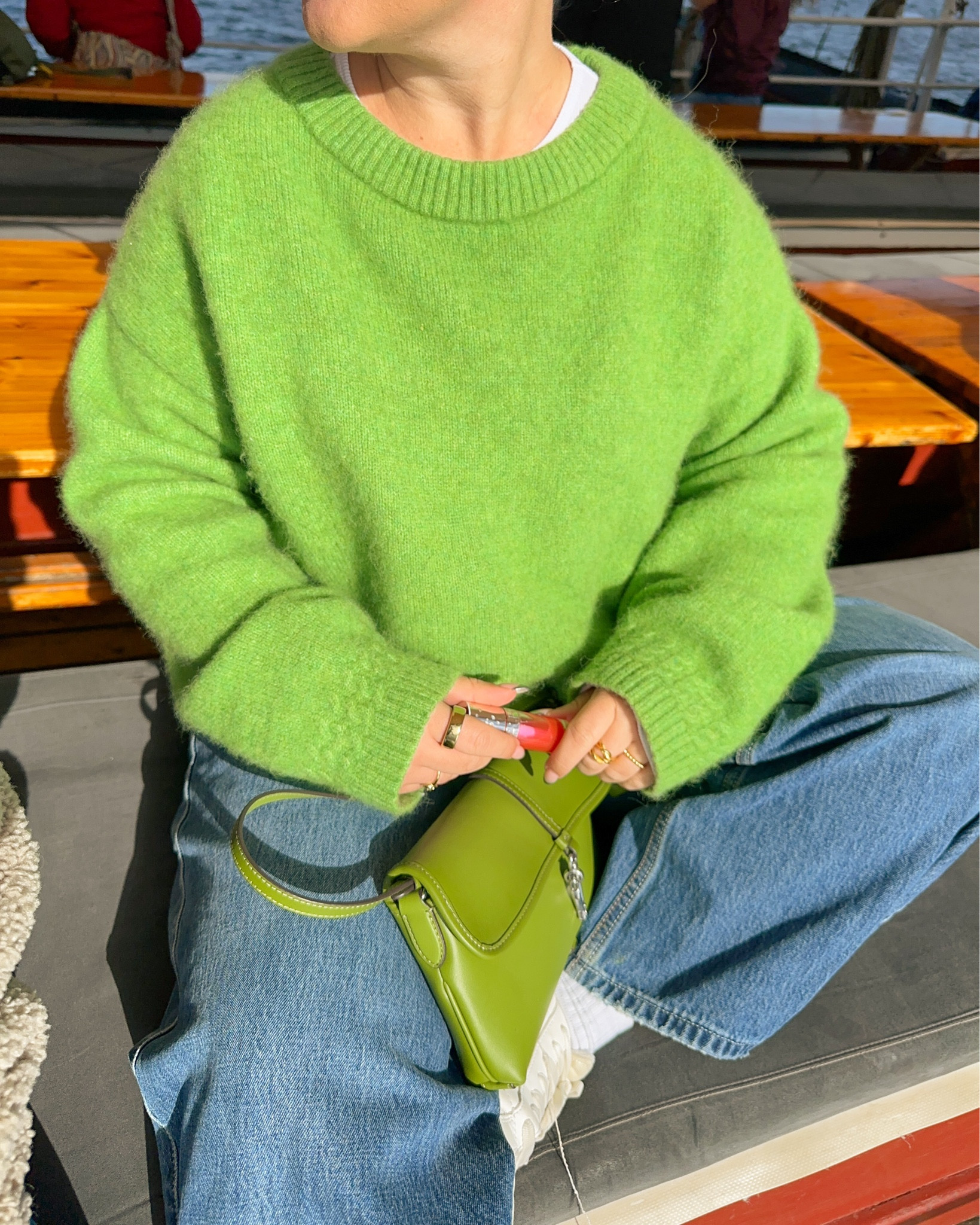 this green is no longer available but they have it in so many pretty fall colors 🍂 Wearing a M and a US 6 in the jeans! // fall sweaters, fall outfit, green, denim, fall bag

#LTKItBag #LTKFallSale