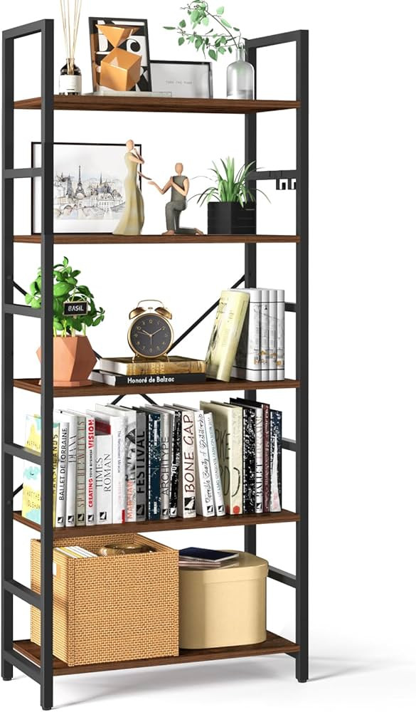 Amazon.com: Yoobure 5 Tier Bookshelf - Tall Book Shelf Modern Bookcase for CDs/Movies/Books, Rust... | Amazon (US)