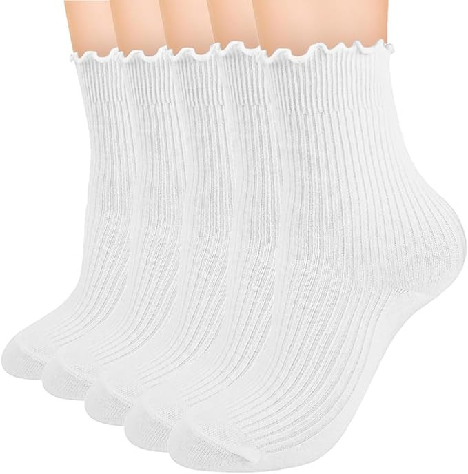 Womens Ruffle Cute Socks: 5 Pairs Lettuce Edge Socks - Crew Mid Calf Socks Pairs with Sneakers | Amazon (US)