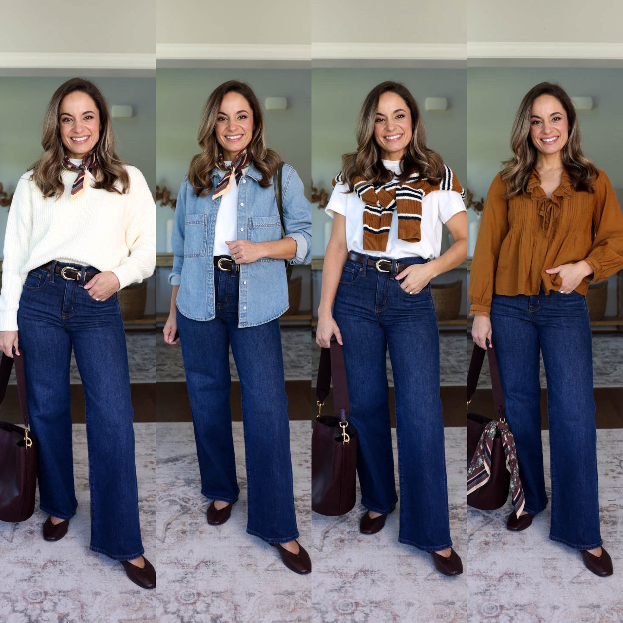 The fall 2026 casual capsule wardrobe series: wide leg jeans ten ways 

Dark Wash Jeans (J.Crew Factory): petite 24 / 10” rise / 28” inseam 

Gray Cardigan (Quince): xs 
Striped Sweater (Madewell): xs 
Brown Marled Sweater (Gap): petite xs 
White Sweater (Gap): petite xs 
White T-Shirt (Old Navy): petite xs 
Denim Top (Target): small (sized up) 
White Button Down (Quince): xs 
Orange Top (Madewell): xxs 
Ecru Jeans (Madewell): 24 / 10 7/8” rise / 27” inseam (they also come in petite with a 10 3/8” rise / 25” inseam) 
Corduroy Pants (BR Factory): petite 25 / 10” rise / 27.5” inseam 
Corduroy Dress (J.Crew): 00 (also comes in petite) 
Green Jacket (Ann Taylor): petite xxs 
Field Jacket (Madewell): xxs 
Corduroy Skirt (Gap Factory): 25 - sized up 

Included shoes are all true to size 

For size comparison, I’m 4’10” 105lbs. My measurements are 32”, 24”, 36”. I typically wear petite xxs/00/24 and have a 25” ankle inseam and a 27.5-28” full length inseam.

#LTKPetite