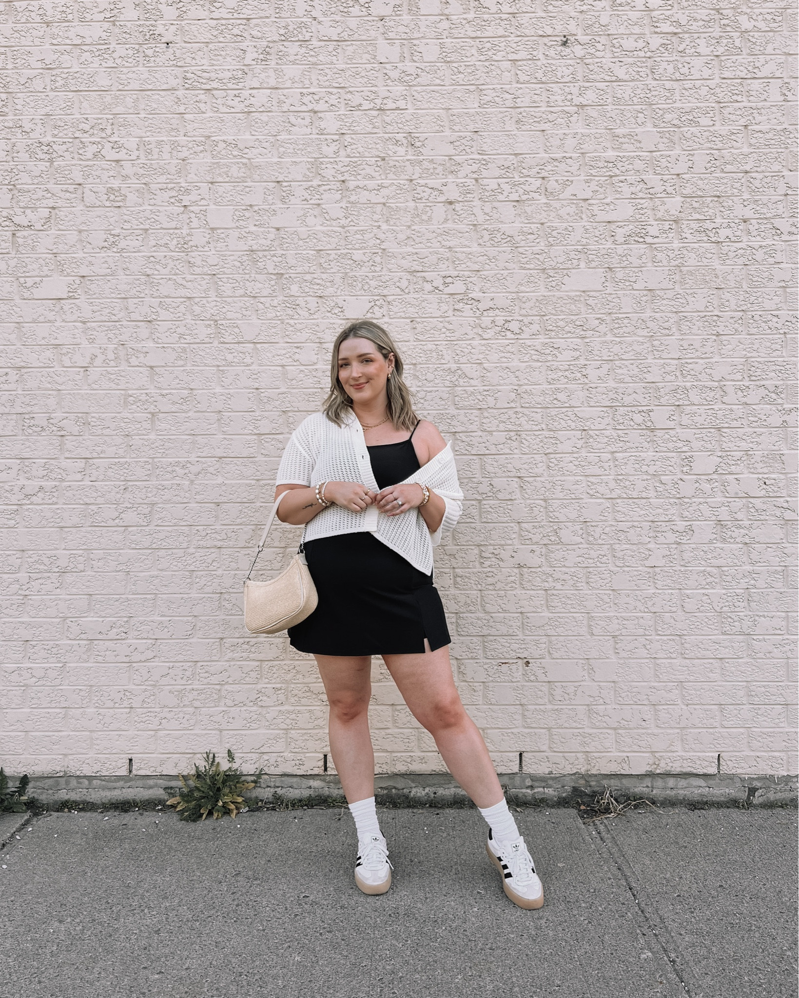 Midsize summer outfit - black active dress (size L), crochet short sleeve cardigan (linked similar options), adidas sambas, straw handbag


#LTKstyletip #LTKsummer #LTKmidsize