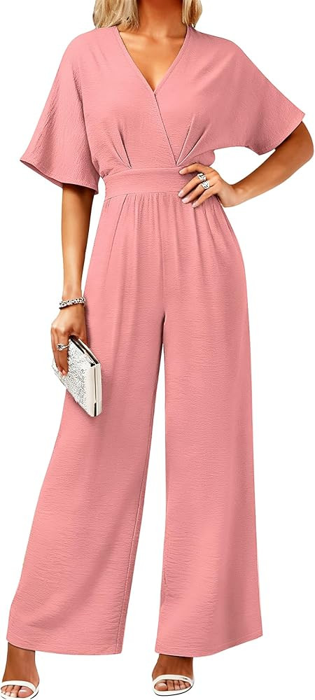Women's One Piece Jumpsuits Dressy Casual V-Neck Batwing Short Sleeve Wide Leg Elegant Ladies Jum... | Amazon (US)