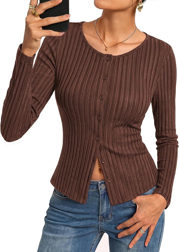 Kate Kasin Women Long Sleeve Ribbed Button Up Slim Fit Lightweight Shirts | Button Down, Crew Nec... | Amazon (US)