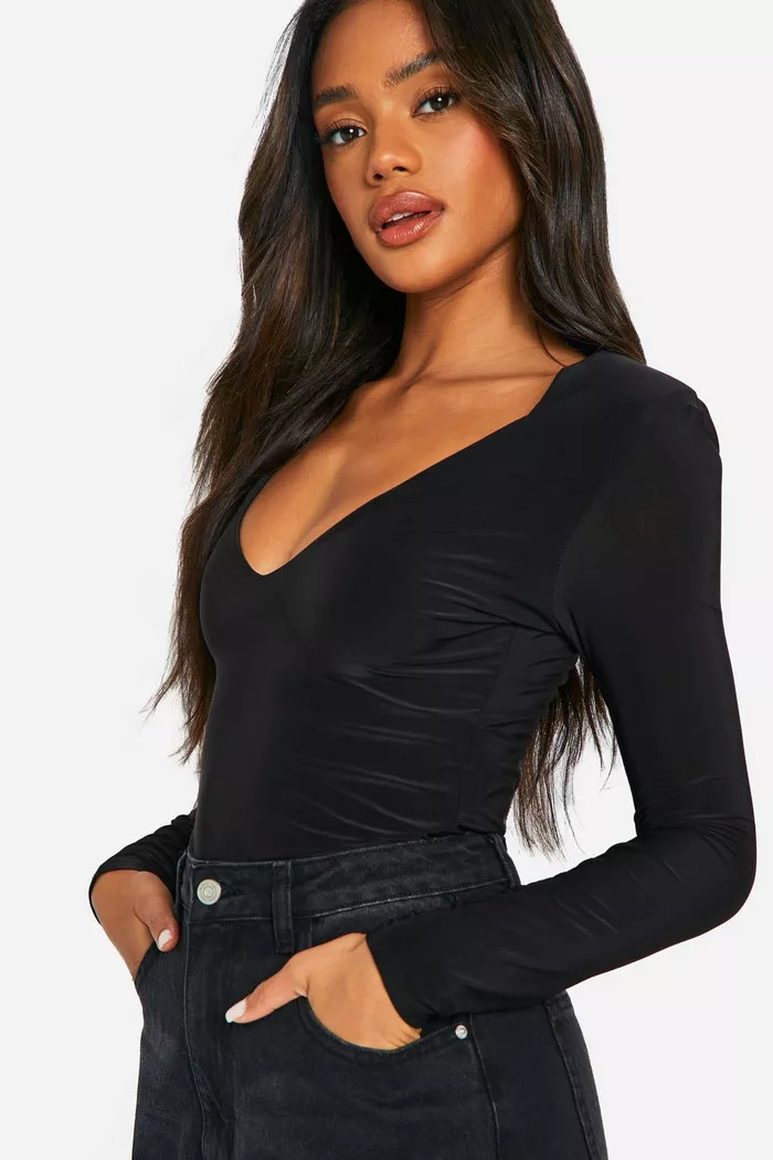 Slinky Plunge Front Long Sleeve Shoulder Pad Bodysuit | Boohoo.com (UK & IE)