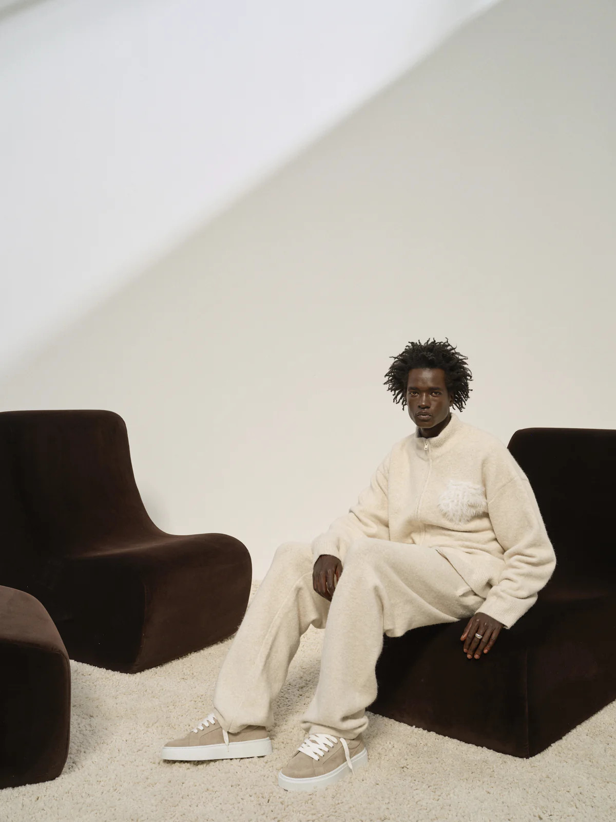 MONOGRAM FLUFFY KNIT JOGGERS - BEIGE | The Couture Club