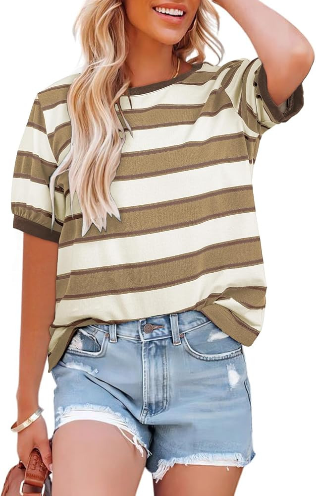 Dokotoo Womens Summer Tops 2026 Striped Color Block Short Sleeve Fashion T-Shirts Crewneck Casual... | Amazon (US)