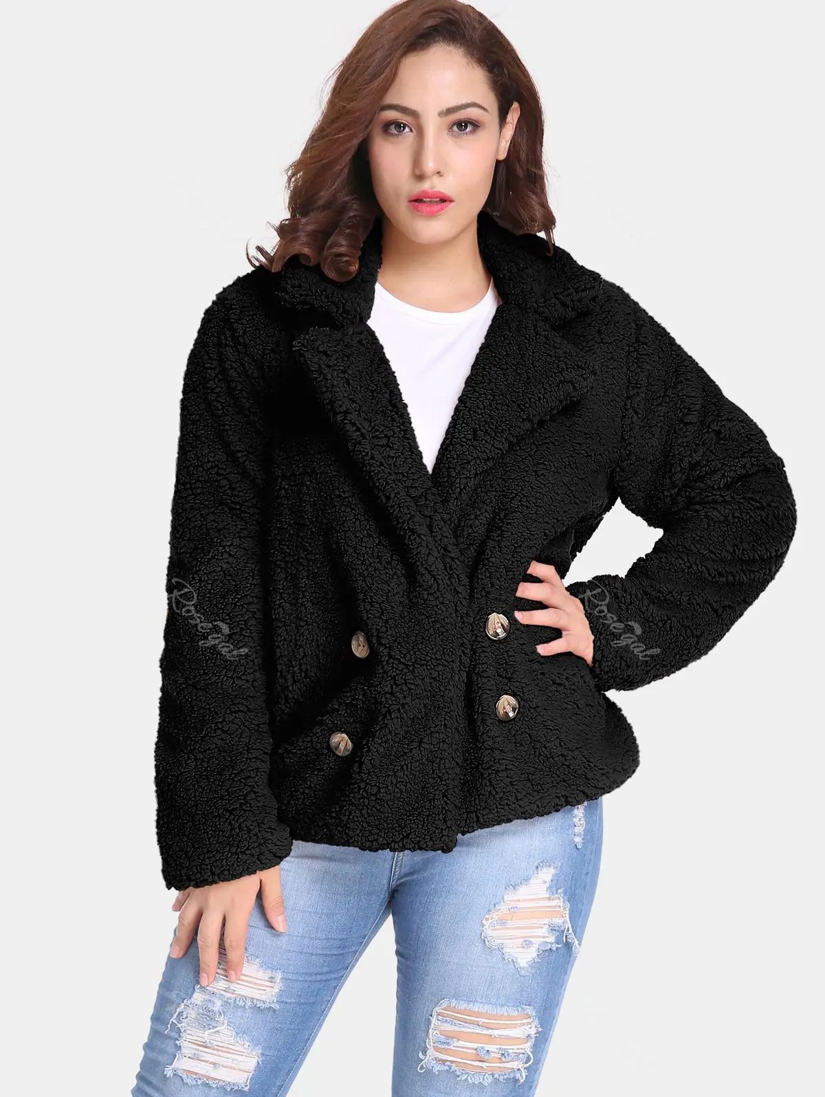 Double Breasted Plus Size Sherpa Jacket | Rosegal US
