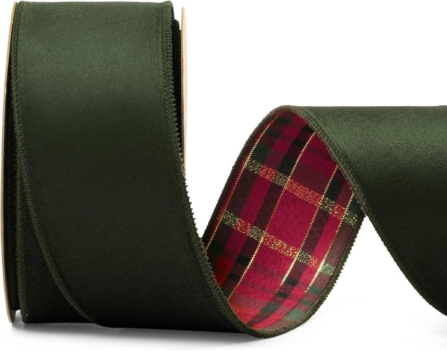 Keypan Moss Green Velvet Christmas Ribbon Wired Plaid 2.5 Inch 10 Yards | Amazon (US)
