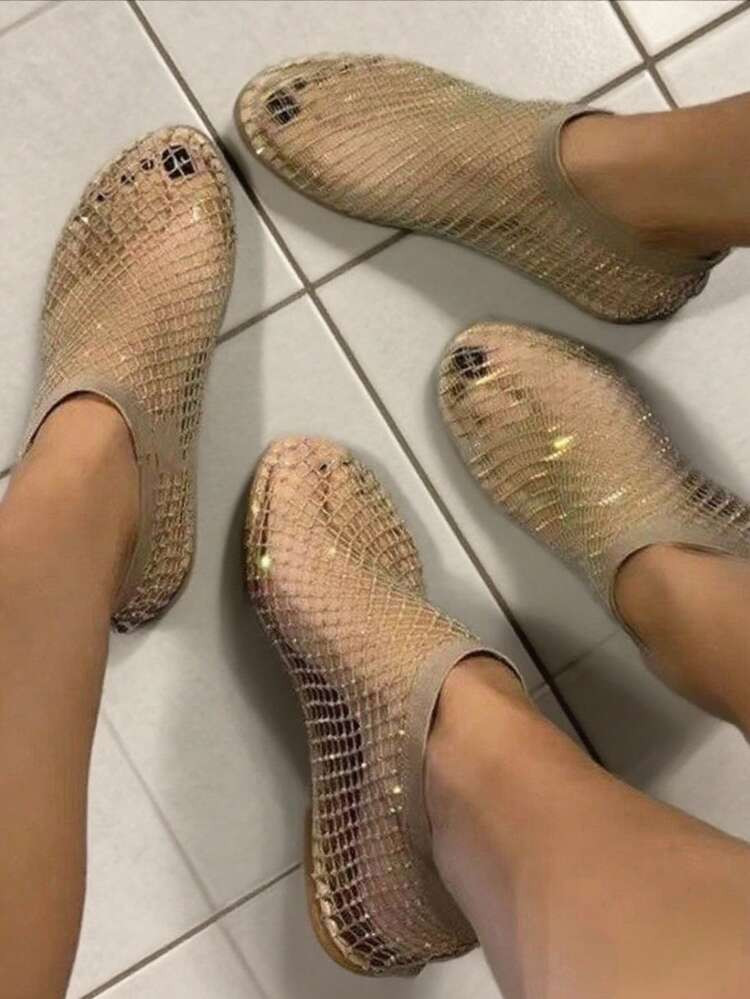 1 Pair Women's Rhinestone Fishnet Sandals - Super Comfortable Breathable Mesh Flat Shoes, Low Heel Lightweight Casual Summer Footwear | SHEIN