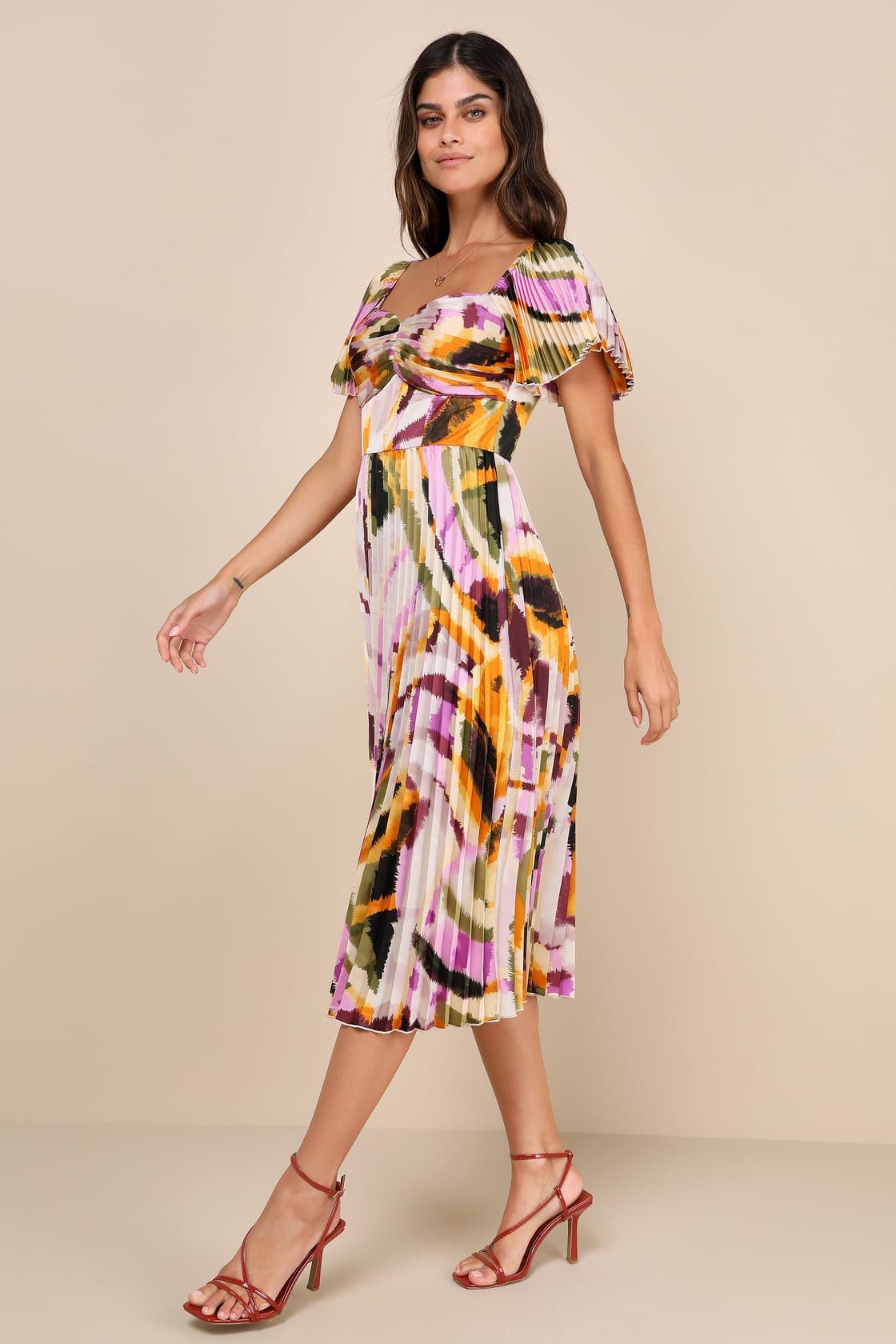 Authentically Yours Cream Multi Abstract Print Satin Midi Dress | Lulus