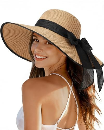 Beach Sun Straw Hats for Women, Wide Brim UPF 50+ UV Sun Protection Summer Straw Hat Packable Foldable Roll up Cap | Amazon (US)