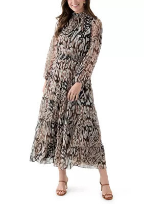 MSK Women's Long Sleeve Mock Neck Animal Print Chiffon Maxi Dress, XL | Belk