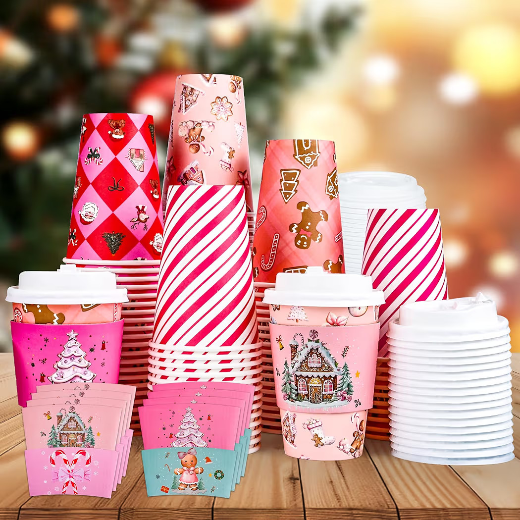 100 Pack Christmas 12 Oz Coffee Cups with Lids & Sleeves, Christmas Disposable To Go Paper Coffee... | Amazon (CA)