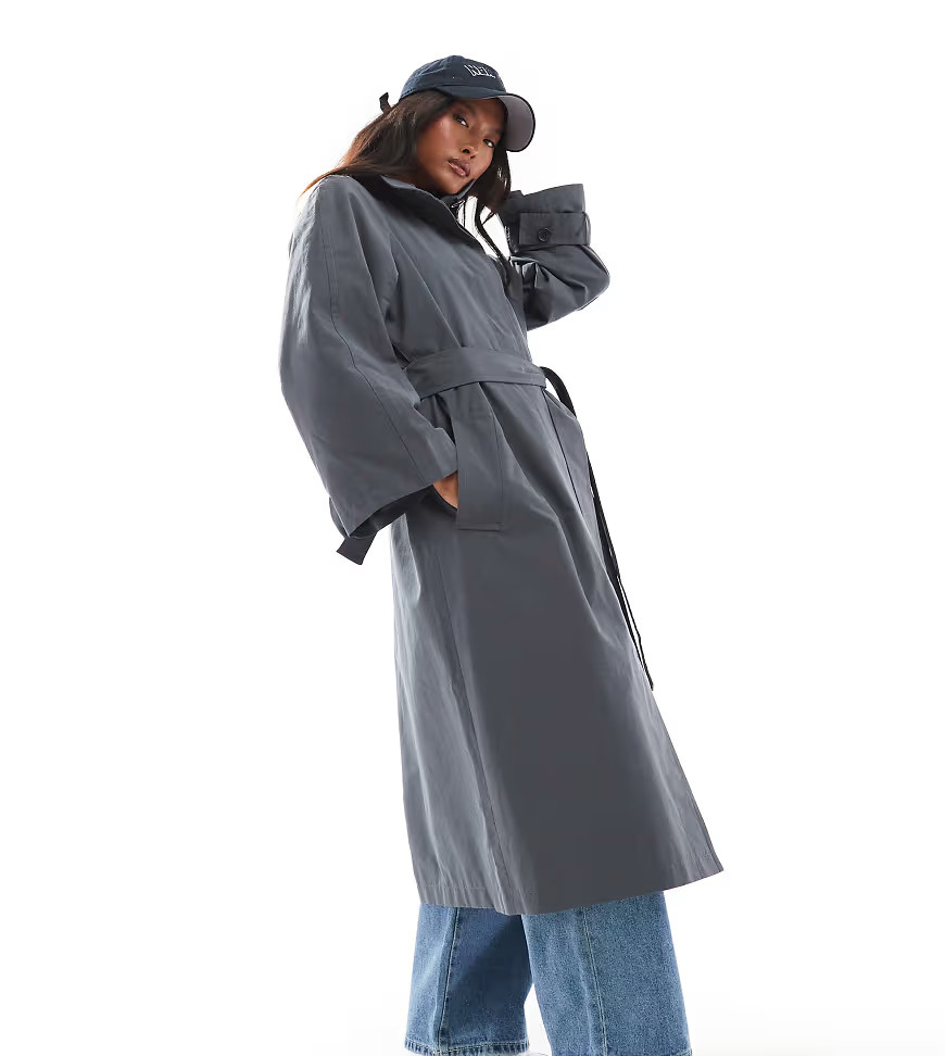 ASOS DESIGN Petite funnel neck oversized longline trench coat in navy-Brown | ASOS (Global)