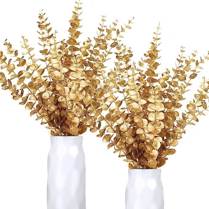 40 Pieces Gold Faux Eucalyptus Spray Artificial Gold Eucalyptus Branches Stems Fall Decor Eucalyp... | Amazon (US)