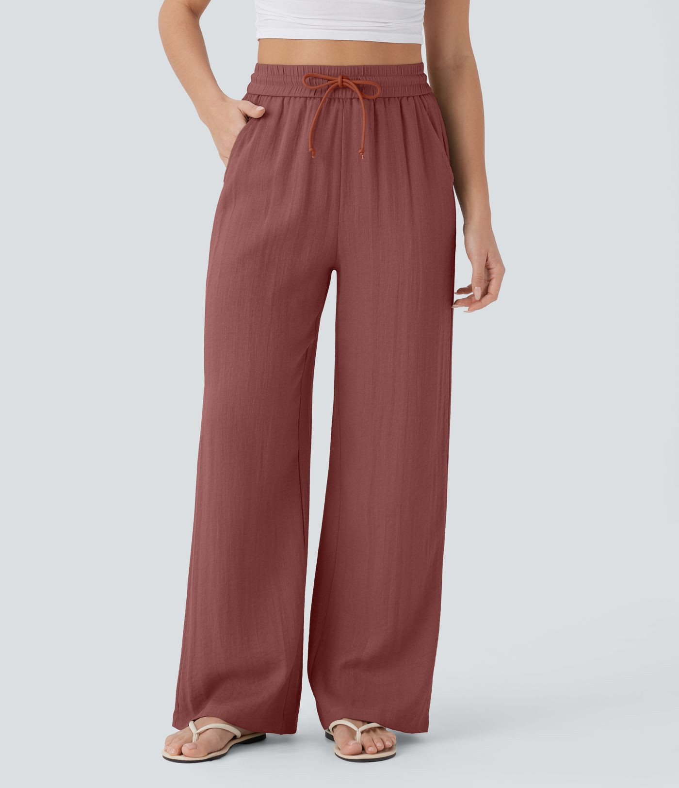 High Waisted Drawstring Pocket Wide Leg Baggy Casual Linen-Feel Pants | HALARA