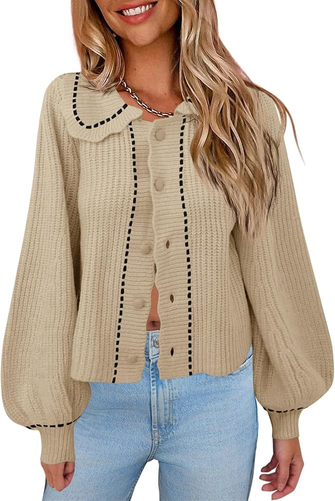 Saodimallsu Womens Puff Sleeve Cardigans 2024 Fall Babydoll Collared Button Loose Ribbed Knit Col... | Amazon (US)