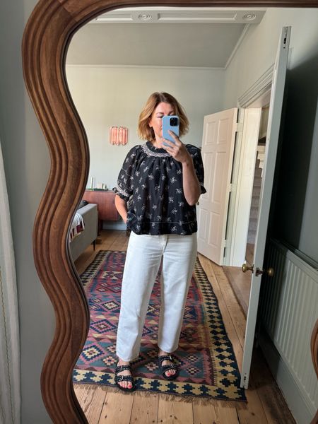 Mabe black blouse, floral print, spring outfit, white jeans, cos, tapered jeans, Isabel marant sandals, spring outfit, casual outfit 

#LTKspring #LTKuk #LTKstyletip