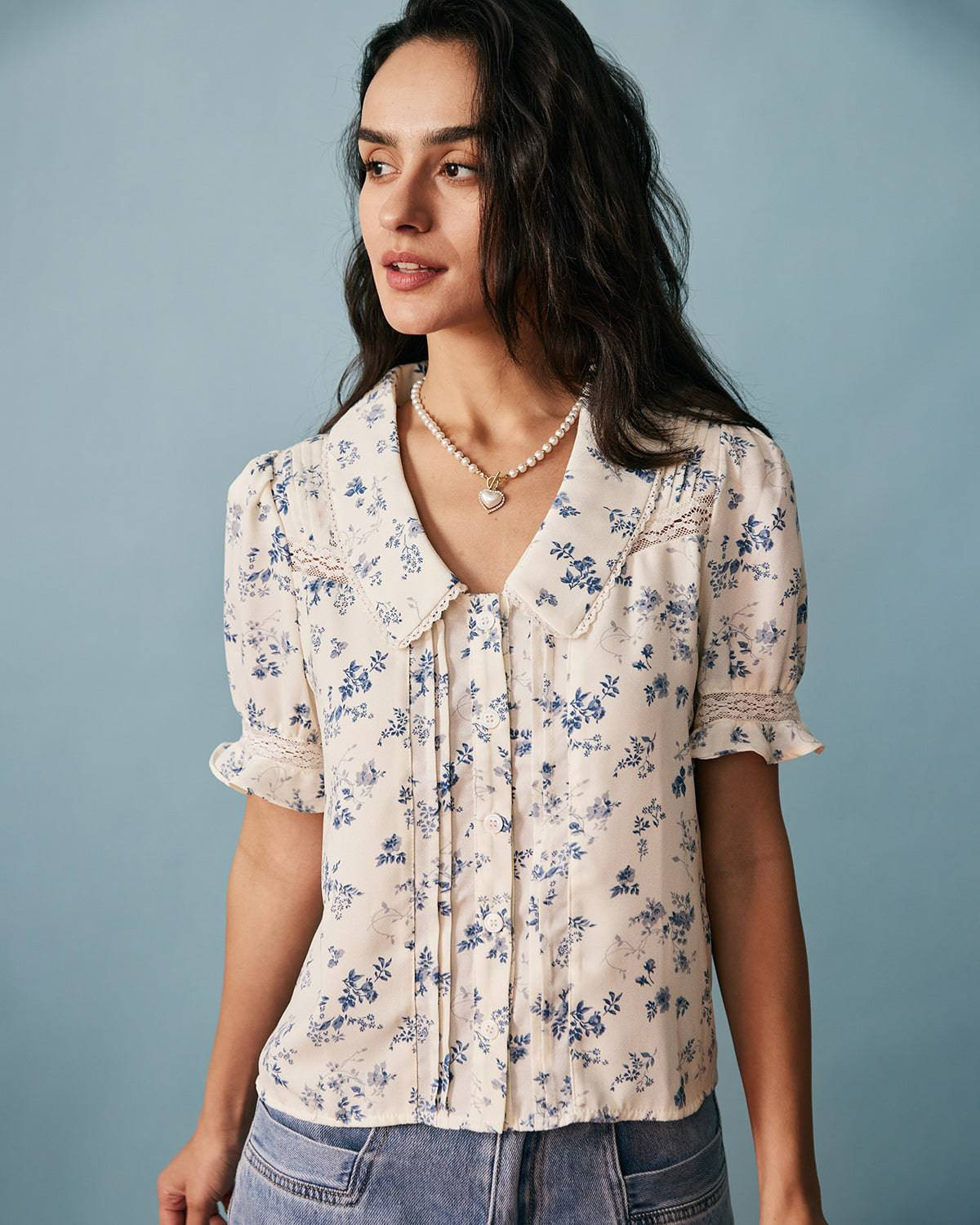 The Lace Spliced Pleated Floral Shirt | rihoas.com