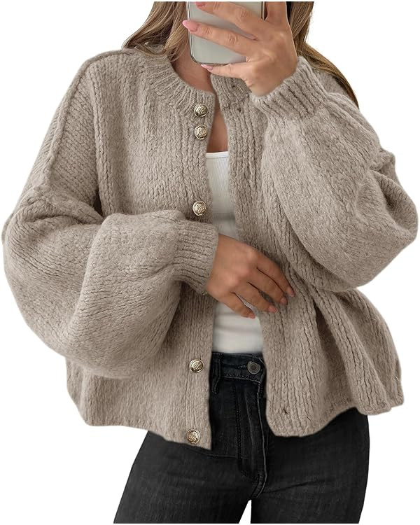 Saodimallsu Womens Oversized Cardigans Button Up Long Lantern Sleeve Chunky Knit Casual Soft Fall... | Amazon (US)