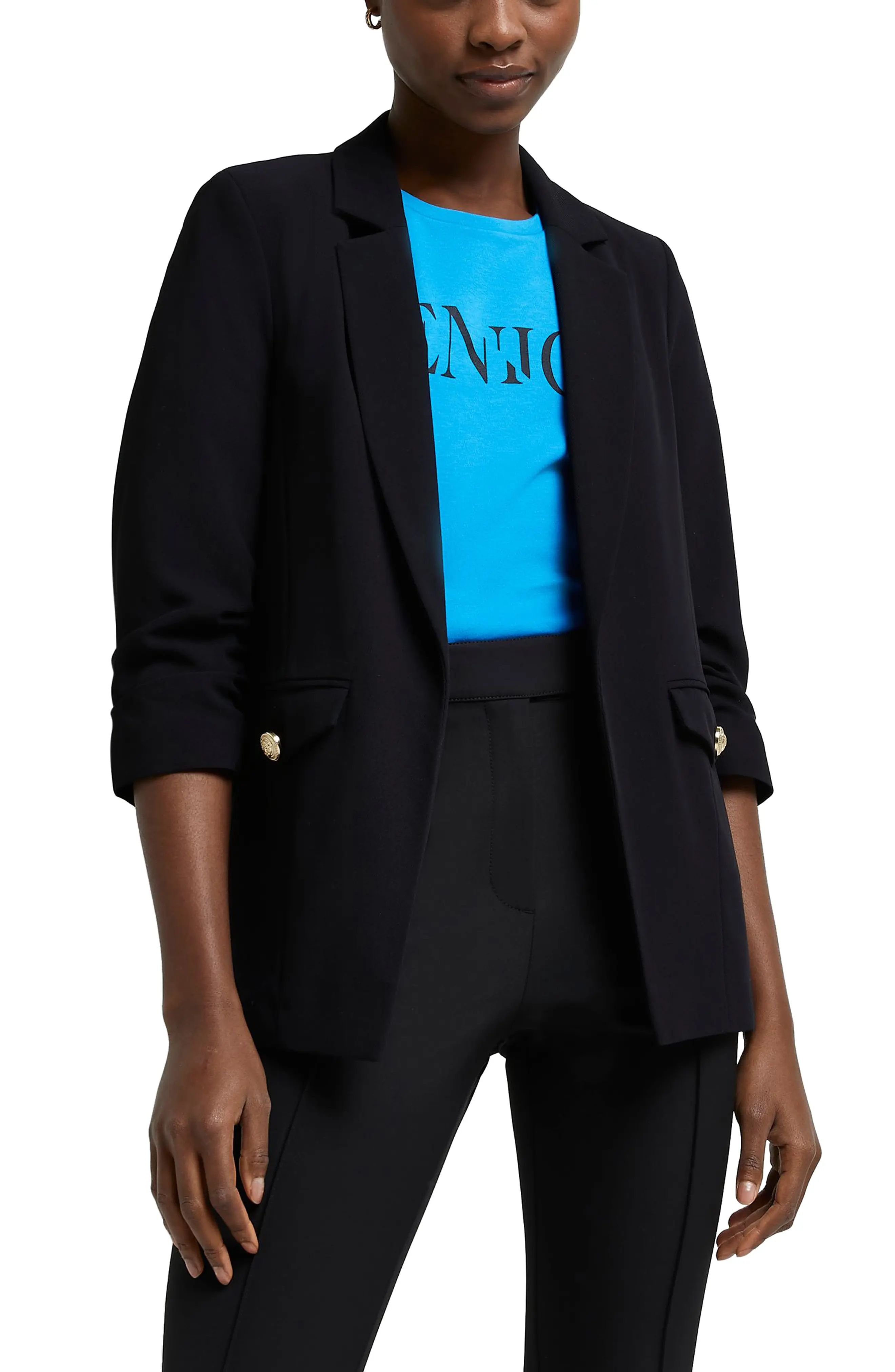 River Island Women's Ruched Sleeve Blazer in Black at Nordstrom, Size 12 Us | Nordstrom